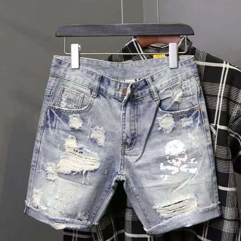 Streetwear Brand Pants - Celana jins pendek sobek untuk pria,